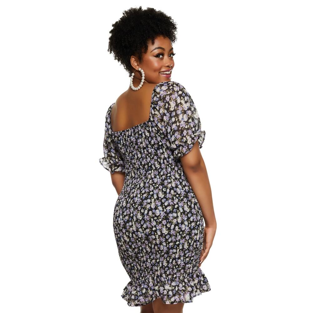 Haute Monde Ditsy Floral Print Smocked Mini Dress 2X Blue Purple White Bodycon